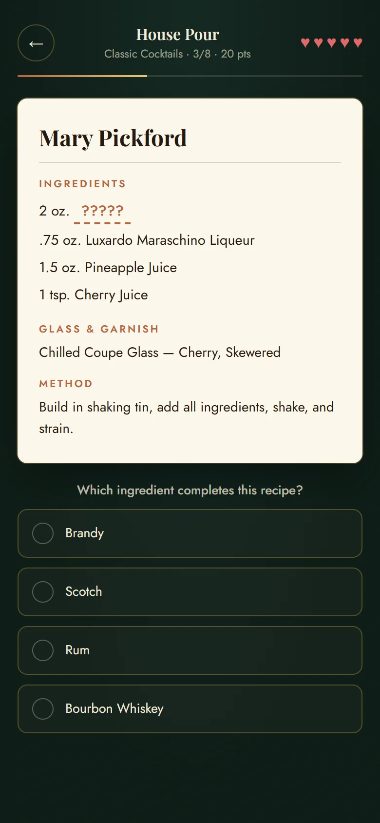 A cocktail question: the Mary Pickford card with its base spirit missing and four spirits to choose from.