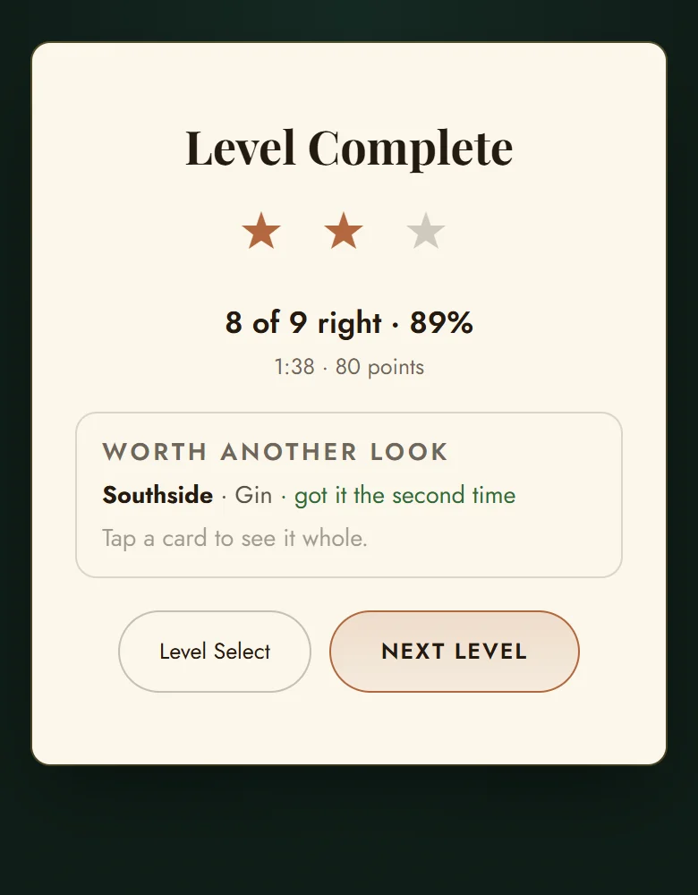 A finished level: 8 of 9 right, 89 percent, with the one card missed, the Southside, listed under Worth another look.